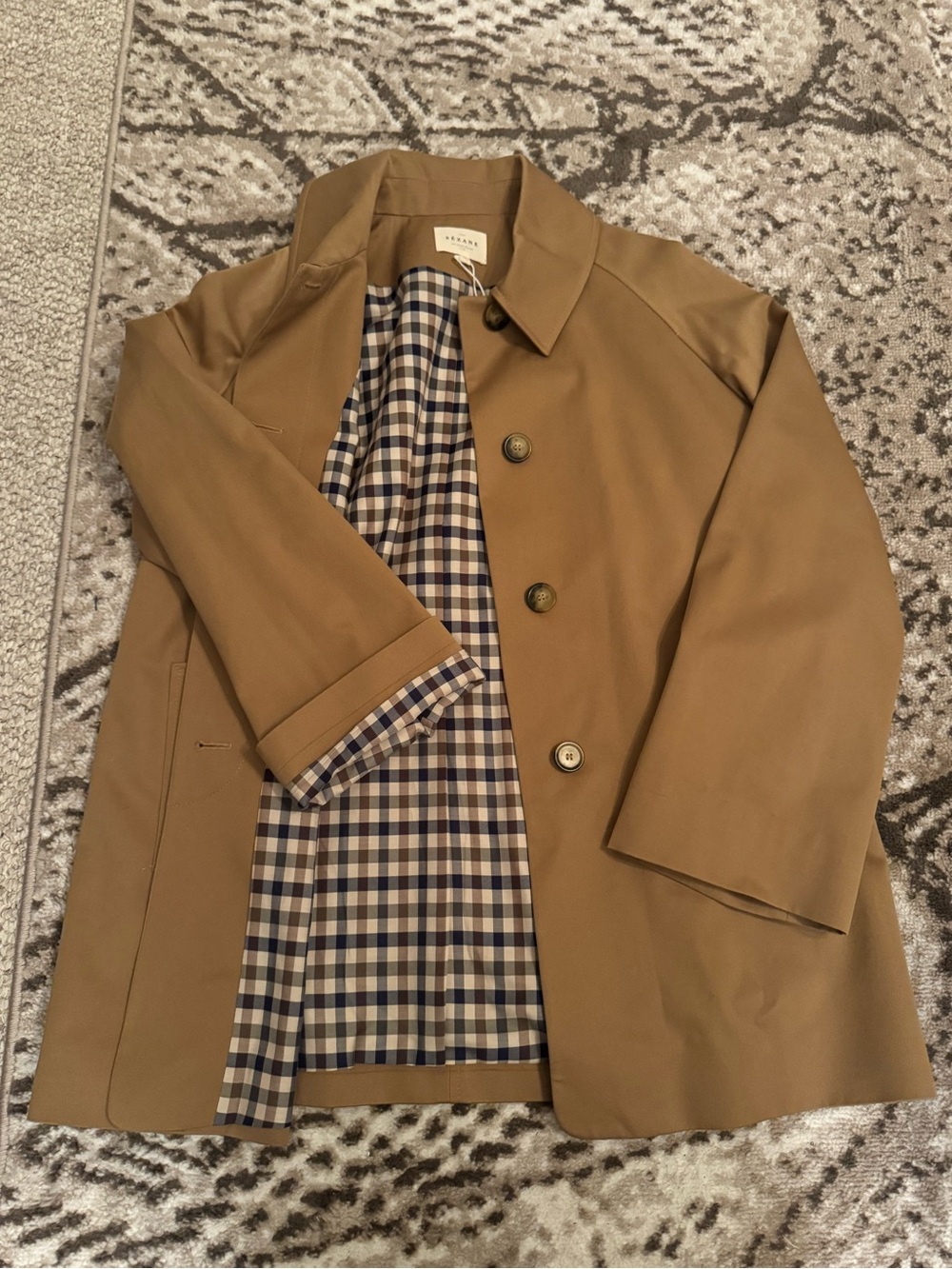 Sezane Tan Trench Coat with Plaid Lining